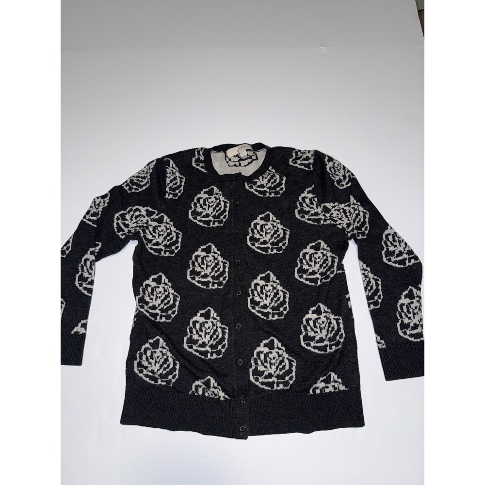 LOFT Women Medium Cardigan Rose Floral  Sweater Black White Button Cottagecore